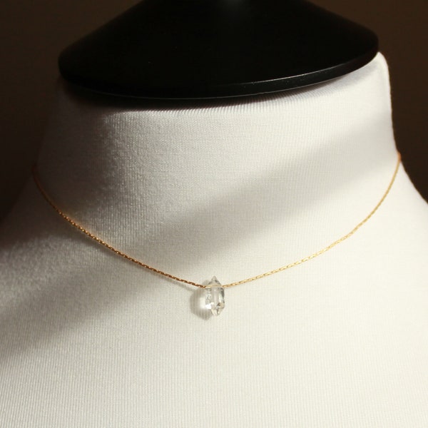 Solitaire Herkimer Diamond Necklace, Gold Small Dainty Minimalist Choker Layering Necklace 14K Gold Filled, April Birthstone, Raw Crystal