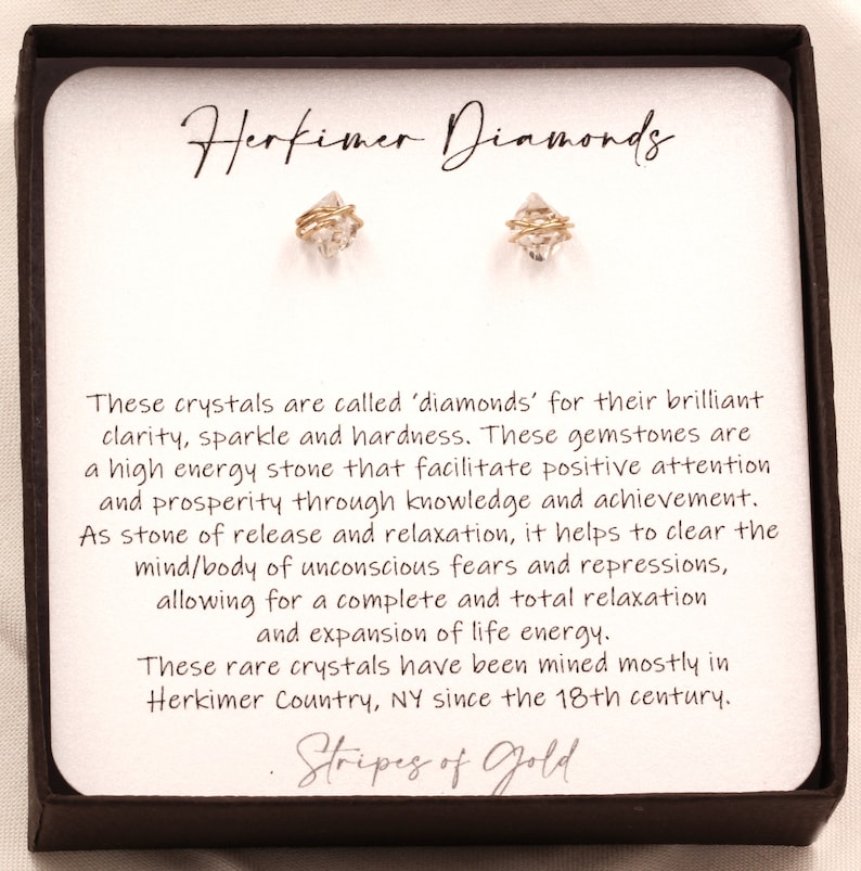 Herkimer Diamond Stud Solitaire Earrings, Gold Small Dainty Minimalist, Gold Filled, April Birthstone Raw Natural Crystal, Wire Wrapped image 9