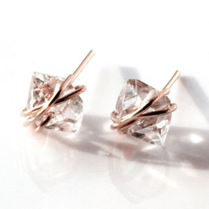 Herkimer Diamond Stud Solitaire Earrings, Gold Small Dainty Minimalist, Gold Filled, April Birthstone Raw Natural Crystal, Wire Wrapped Rose Wire Wrapped