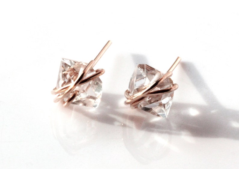 Herkimer Diamond Stud Solitaire Earrings, Gold Small Dainty Minimalist, Gold Filled, April Birthstone Raw Natural Crystal, Wire Wrapped Rose Wire Wrapped