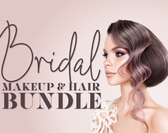 Może przedstawiać: Kobieta z miękkimi różowo-brązowymi włosami, ubrana w białą koronkową sukienkę, z tekstem "Bridal Makeup & Hair Bundle" w kolorze czarnym.
