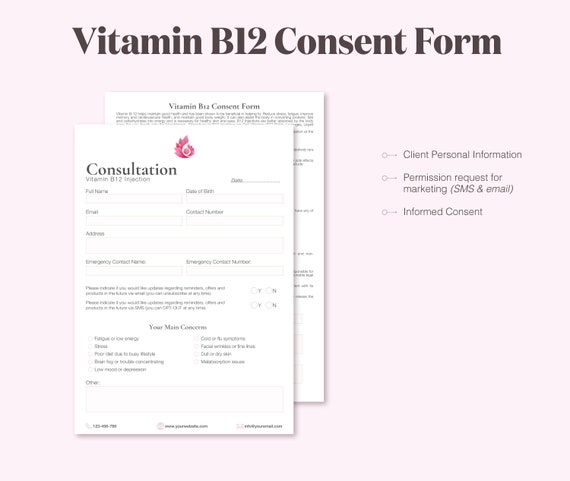 Vitamin B12 Consent Form. B12 Shot Client Intake Form. Fully Editable.  Clinic and Salon Forms. 