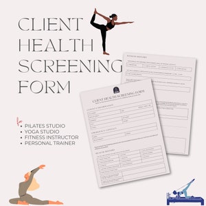 Puede incluir: Un formulario de detección de la salud del cliente para estudios de pilates, estudios de yoga, instructores de fitness y entrenadores personales. El formulario incluye secciones para la información del cliente, el contacto de emergencia, el historial de acondicionamiento físico y el historial de salud.