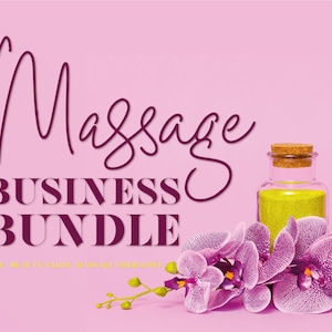Könnte beinhalten: Massage-Business-Paket für Spas, Schönheitssalons und Massagetherapeuten. Der Text ist in lila auf rosa Hintergrund. Es gibt ein Glasgefäß mit gelbem Sand und eine violette Orchidee.
