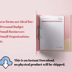 Puede incluir: Una carpeta rosa con una p&aacute;gina blanca abierta, mostrando un rastreador de presupuesto con el texto "Income Tracker". El texto "MONTH" est&aacute; en la parte superior de la p&aacute;gina. La carpeta es ideal para presupuestos personales, peque&ntilde;as empresas y peque&ntilde;as organizaciones.