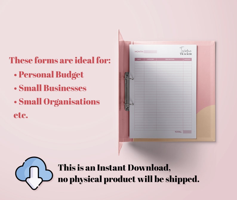 Puede incluir: Una carpeta rosa con una p&aacute;gina blanca abierta, mostrando un rastreador de presupuesto con el texto "Income Tracker". El texto "MONTH" est&aacute; en la parte superior de la p&aacute;gina. La carpeta es ideal para presupuestos personales, peque&ntilde;as empresas y peque&ntilde;as organizaciones.