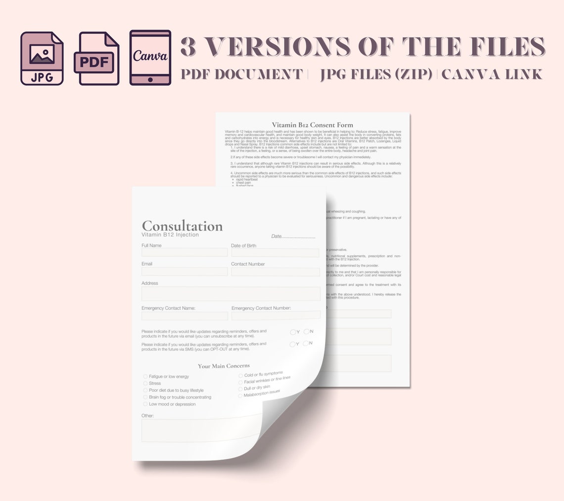 Vitamin C D3 B12 Injections Consent Form. Vitc Vit D3 Vit Etsy Australia