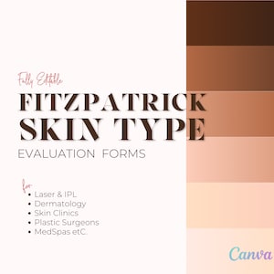 Fitzpatrick skin type evaluation form. Skin type questionnaire. Laser, IPL, dermatology forms. Skin type test form. Fitzpatrick skin type.