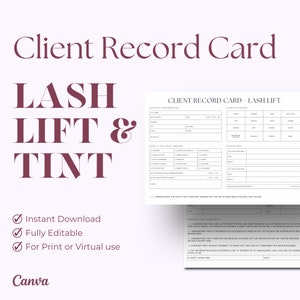 Volledig bewerkbare Lash Lift & Tint klantrecordkaartsjabloon - Aanpasbaar Canva-toestemmingsformulier voor schoonheidssalons en schoonheidsspecialisten