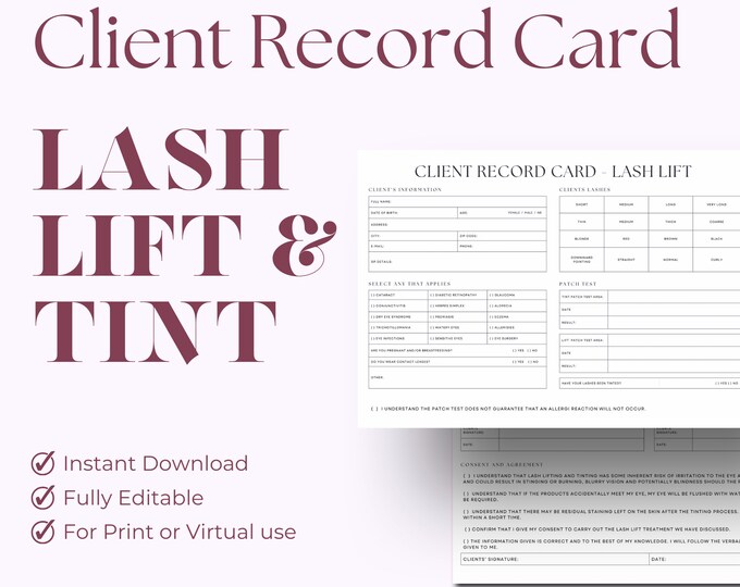 Lash Lift Client Record Card, Editable Esthetician Consultation Card ...