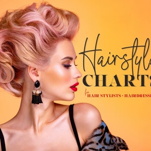 May include: A woman with pink and blonde hair styled in a high updo, wearing a black tank top and a leopard print fur jacket. The text "Hairstyle Charts for Hair Stylists - Hairdressers" is displayed in black text on a yellow background.