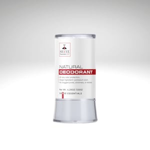 May include: A silver deodorant stick with a white label that reads "SHAVE Essentials 11C NATURAL DEODORANT Al-day odor protection. Single ingredient: potassium alum. No clogged pores, stickiness, or residue Net Wt. 4.25OZ (120G) SHAVE ESSENTIALS"