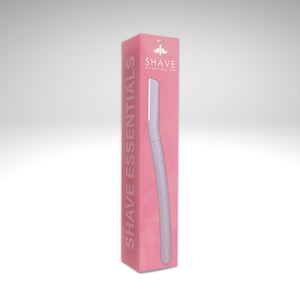 May include: A pink rectangular product box for a dermaplaning tool. The box features the text SHAVE ESSENTIALS vertically on the side and SHAVE ESSENTIALS.COM at the top. A graphic of a light purple, textured dermaplaning razor is centered.