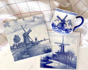 Blue and white Delft - set of 3 vintage pieces: 2 tiles, 1 mug - ships FREE!