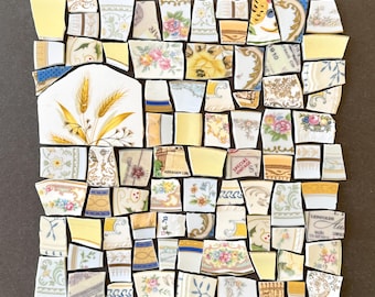 YELLOW antique/vintage china hand-cut tiles for mosaic, broken china dishes, mosaic tesserae - You receive these exact pieces. Ships FREE!