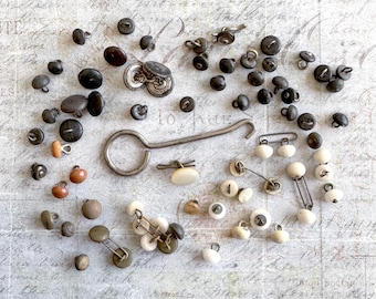 Antique shoe or boot buttons with button hook - Victorian era - glove button - You receive these exact pieces - quantity of 72 - ships FREE!