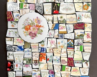 FLORAL/botanical antique/vintage china hand-cut tiles for mosaic, 92 pcs mosaic tesserae - You receive these exact pieces. Ships FREE!