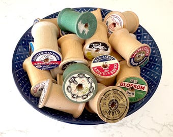 Vintage - 22 wooden sewing spools - no thread, most have labels - you receive these exact pieces - ships FREE!