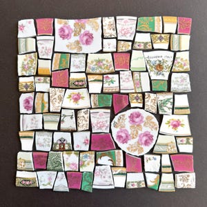 Vintage Pink Green Floral China Mosaic Tiles, pink roses, green accents, pique assiette supply - You receive these exact pieces. Ships FREE!