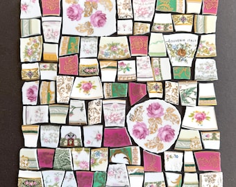 Vintage Pink Green Floral China Mosaic Tiles, pink roses, green accents, pique assiette supply - You receive these exact pieces. Ships FREE!