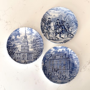 3 Liberty Blue Historic Colonial Scenes vintage transferware coaster/plates by Staffordshire | Made in England | Ships FREE!