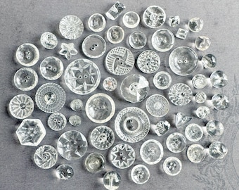 Lot of 58 vintage/antique clear glass/crystal buttons - you receive these exact pieces - ships FREE!