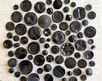 Vintage / antique BLACK buttons - lot of 72 assorted unique - you receive these exact pieces - ships FREE!