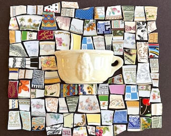 Vintage - Zane teacup wall pocket with china tiles for mosaic, hand cut mosaic tesserae - You receive these exact pieces. Ships FREE!