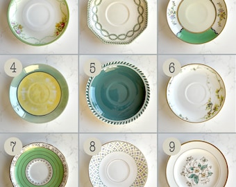 Vintage Greens CHINA SAUCERS - plant saucers, tea parties, bridal showers, weddings, ring tray, decor collage wall - priced each