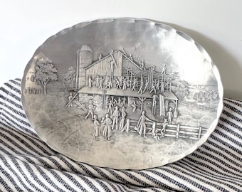 Vintage Wendell August Forge handmade hammered aluminum small tray - Amish Barn Raising - Len Youngo - ships FREE!