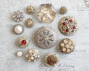 Silver tone metal BUTTONS with paste rhinestones, mirror back, vintage/antique - 13 buttons - ships FREE!