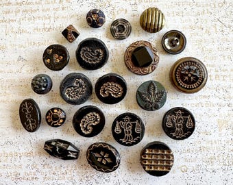 Antique Victorian black glass buttons - gold luster, steel cut, patterned mixed lot of 21 - ships FREE!