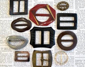 Antique/vintage belt buckles - lot of 11 - celluloid, casein, metal, shell - 1930’s-1940's - scarf/sash slides - ships FREE!