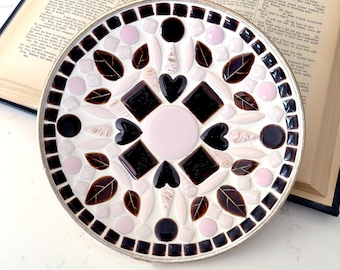 Vintage Mid Century mosaic tile tray - romantic pink, wine, cream with hearts - gold reverse - MCM trinket dish - ships FREE!