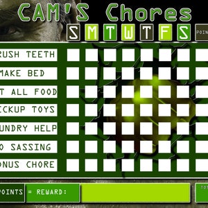 May include: A green and white chore chart with the title "CAM'S Chores". The chart has a grid with days of the week labeled across the top and chores listed down the side. Each chore has a box for each day of the week to check off when completed.