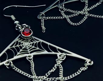 Spiderweb Drip Statement Earrings in Garnet w/ Implant Grade Surgical Steel Hooks- Gothic Witchy Statement Earrings Spooky Jewelry Gifts