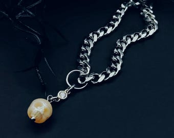 Chunky Pearl Skull Necklace with Cubic Zirconia Detailing, 18 inches- Unique Goth Punk Witchy Cereal Jewelry Gift Ideas for Her, Birthstone