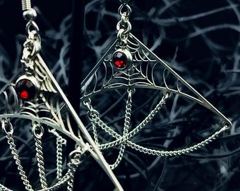 Spiderweb Drip Dangle Earrings - Garnet, Surgical Steel Hooks, Gothic Jewelry