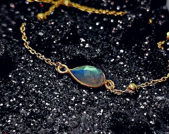 The *ILLIANA* - Gold Dainty Simple Minimalist Labradorite Crystal Charm Bracelet Boho Witch Stone Women's Jewelry Gift for Her
