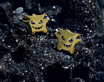 18k Gold Plated Pokemon "Ghost" Implant Grade Surgical Steel Simple & Dainty Earring Studs w/ Silicone Backs- Gengar Studs Witchy Jewelry