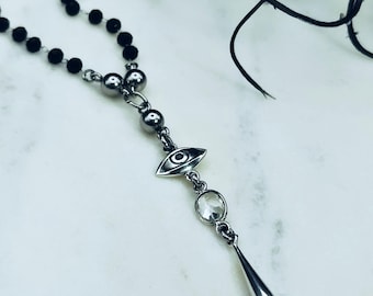 The *ELDER E* Rosary Bead Lariat Necklace Quartz Crystal Jewelry Evil Eye Protection Gifts for Her Gothic Alt Punk Necklace Sterling Silver
