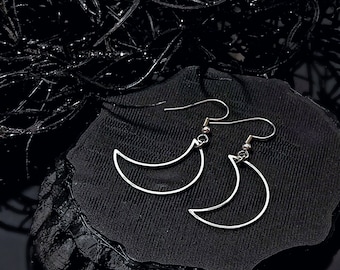IMPLANT GRADE Surgical Steel Silver Witchy Celestial Crescent Moon Outline Lightweight Dangle Earrings Statement Earrings
