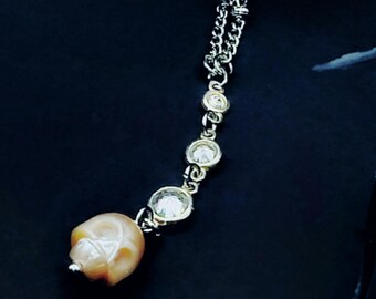 Freshwater Pearl Skull Necklace, Sterling Silver Cubic Zirconia, Stainless Steel Chain, Gothic Witchy Jewelry