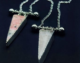 The *BARRED BERMUDA* Triangle Necklace in Rose Quartz or Rhodochrosite, 16 inches- Dainty Witchy Goth Geometric Crystal Women's Jewelry