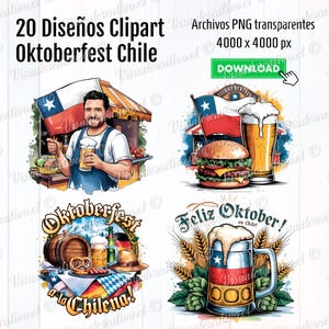 Paquete digitaal Oktoberfest, Chili - Fiesta Cerveza-20 Diseños clipart PNG met Fondo Transparente | Arte Festivo voor Proyectos Creativos