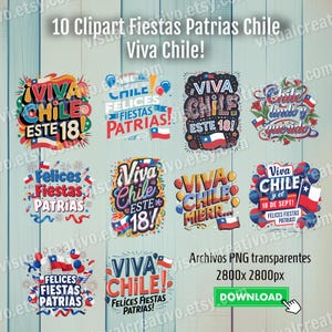 Set de 10 Frases Fiestas Patrias de Chile – Clipart PNG con Bandera Chilena – Letras Decoradas para Sublimación, Poleras y Diseño