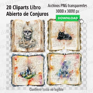 May include: A digital art collection featuring four open spell books with illustrations. One book shows a mummy, another a black cat, a third a graveyard scene, and the last a skeleton. The text "20 Cliparts Libro Abierto de Conjuros" is at the top.