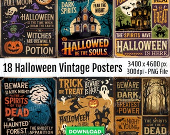 Può includere: Una collezione di 18 poster vintage di Halloween. I poster presentano immagini spettrali come case infestate, streghe, zucche e frasi come "Trick or Treat" e "Beware". La tavolozza dei colori comprende arancione, nero e viola.