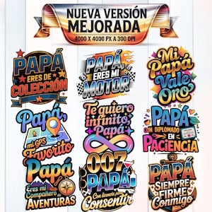 Pode incluir: Uma coleção de designs gráficos coloridos com a palavra "Papa" em espanhol, cada um com texto e ilustrações únicas. Os designs incluem frases como "Eres mi Motor" e "Eres de Colección."