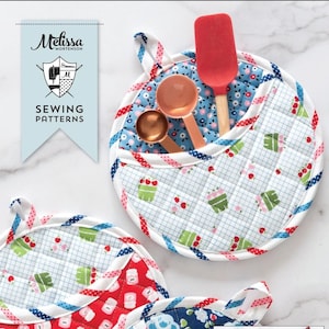 May include: Three red, blue, and white quilted pot holders with a pocket for utensils. The pot holders are decorated with a variety of patterns, including polka dots, stripes, and floral designs. The pot holders are perfect for protecting your hands from hot dishes.